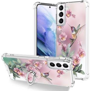 OOK Clear Case Compatible with Samsung Galaxy S21 Plus 5G, Pink Hummingbird Pattern Flexible TPU Shockproof Anti-Scratch Bumper Transparent Cover for Galaxy S21 Plus 5G with Ring Kickstand