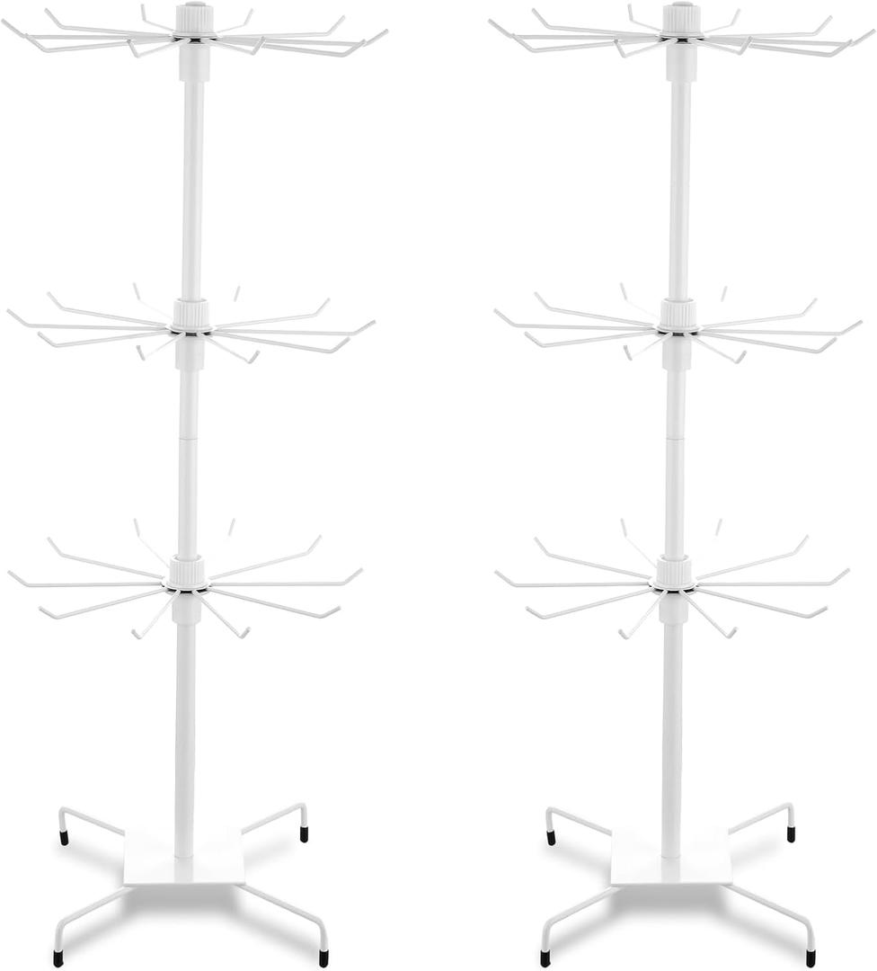 2 Pcs Rotating Jewelry Display Rack with Hooks Metal Earrings Display Stand for Selling Necklace (White, 3 Tires)