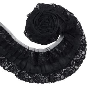 UNICRAFTALE 4.37 Yards 3 Layer Pleated Organza Lace Edge Trim 4 Inch Wide Gathered Ruffle Chiffon Ribbon Black Pleated Edging Trimmings Fabric for Cloth Sewing Embroidered Applique