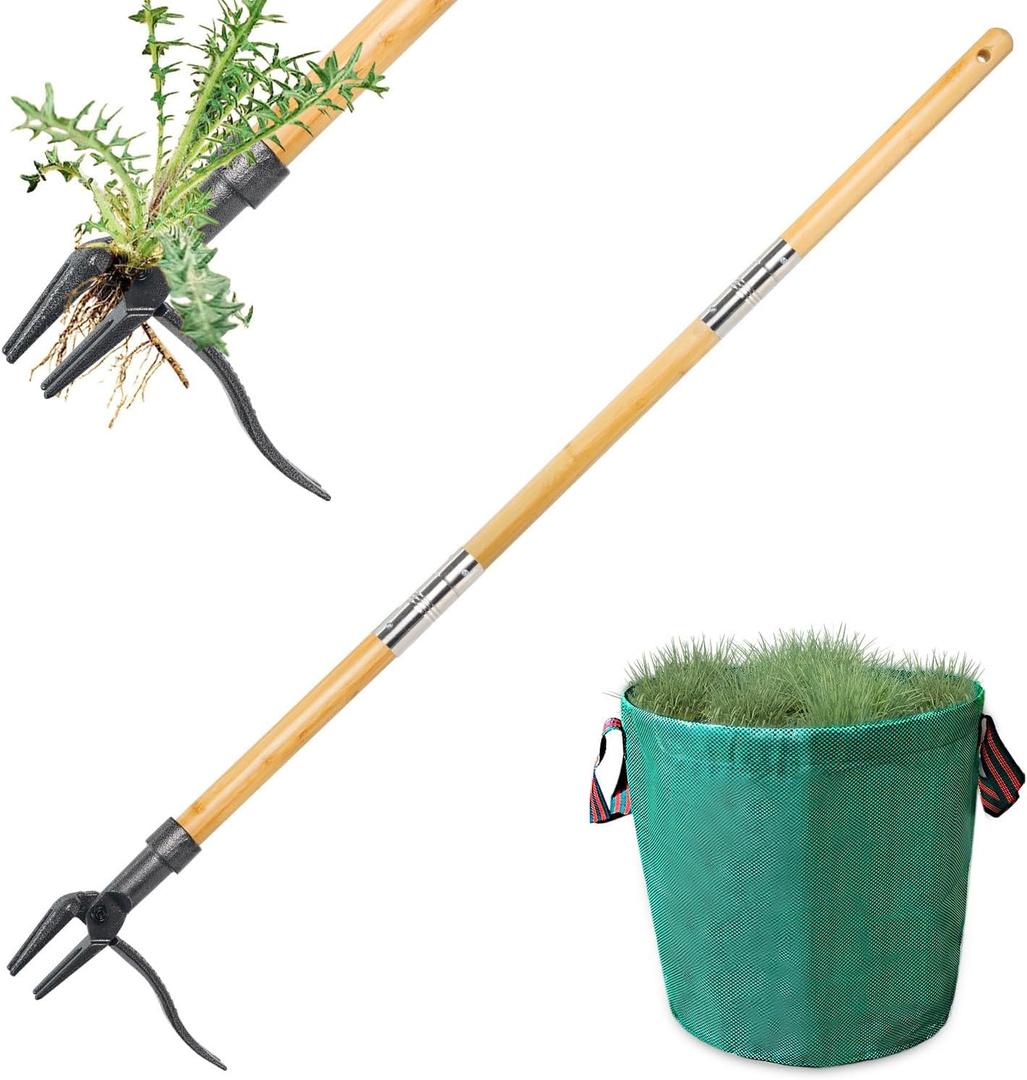 Weed Puller Tool, Stand Up Weed Remover Tool, Gardening Hand Weeding Tool with 48" Handle for Dandelion, Includes a Reusable Garden Waste Bag [2025 Upgraded Weeder]