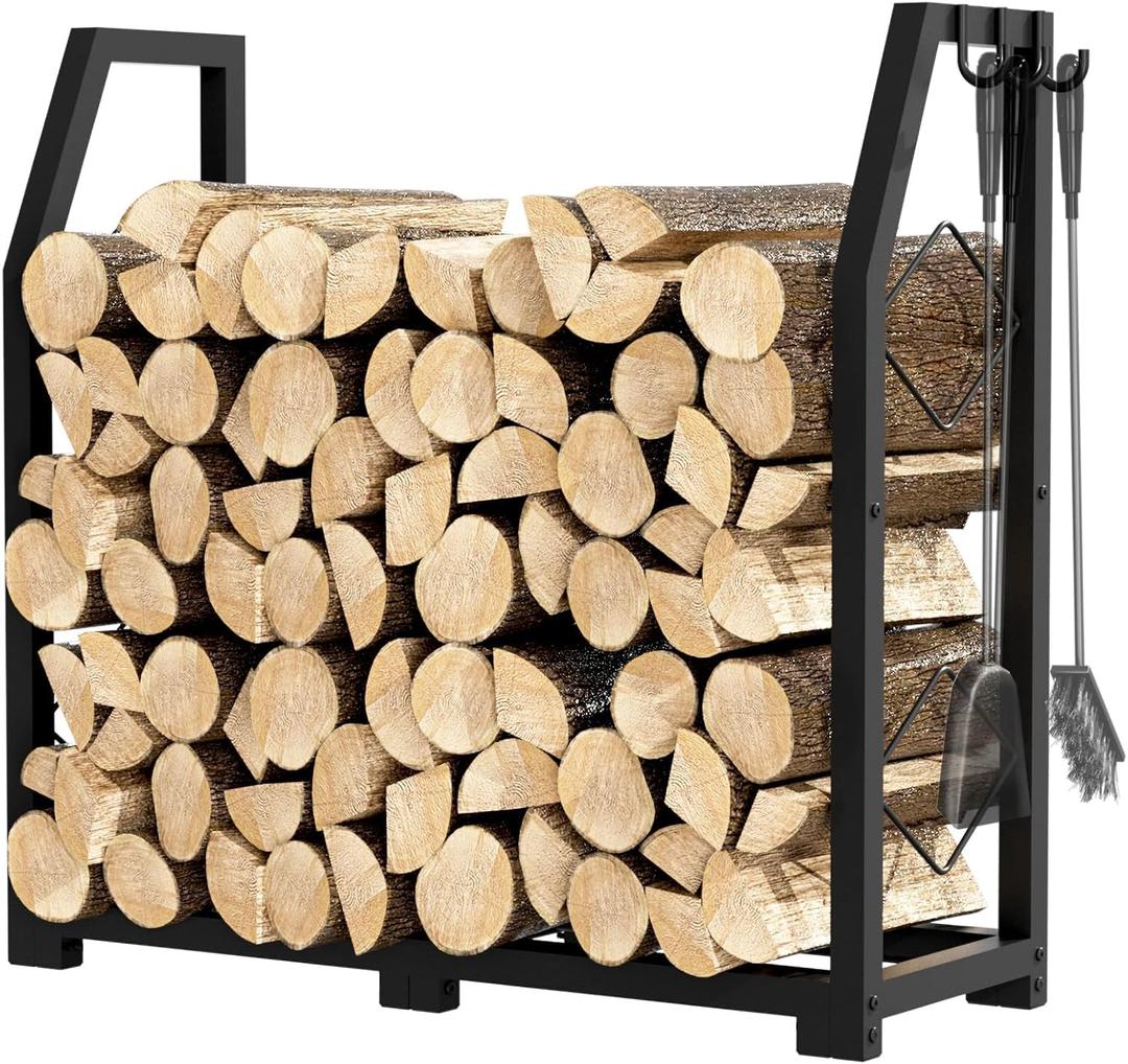 Firewood Rack for Outdoor, Firewood Holder with 3 Hanging Hooks, Heavy Duty Wood Rack for Indoor Outdoor Patio, Black