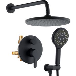 Matte Black Shower Faucet Set, Wall Mount Rain Shower System 10 Inches, and Handheld Shower Head Combination, Included Rough-in Valve and Trim Kit
