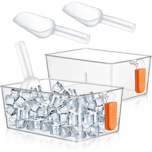Havawish 2 Set Ice Bin and Flexible Scoop Set Plastic Freezer Ice Bin with Pull out Handle Clear Storage Bucket for Container with Bucket Scoop(Orange,10.83 x 7 x 4.33 in)