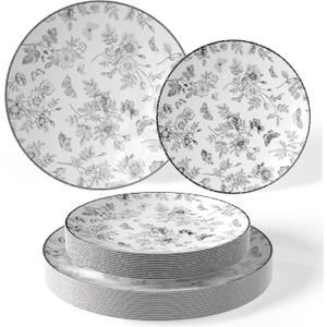 Trendables Disposable Plates For Party Supplies | Black Floral Plastic Plates For Wedding 40 Pcs - 20 X 8 & 20 X 10 Dinner Plate Sets | Floral Plate Set Disposable Plastic Dinnerware Sets