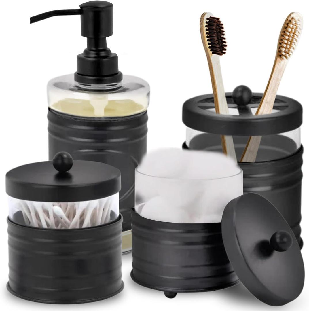 Autumn Alley Farmhouse Matte Black Bathroom Accessories Set (4 PCS) - Lotion Soap Dispenser, Black Toothbrush Holder Set, 2 Glass Apothecary Jars (Qtip Holder) - Rustic Bathroom Accessories Set