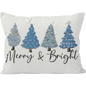 QGFM Pink Christmas Pillow Covers 18x18，Pink Christmas Tree Throw Pillow Covers Decorations for Bedroom Room Sofa, Pink Christmas Decor, Lumbar Christmas Pillow Cover (Blue Christmas Tree, Pack of 2)