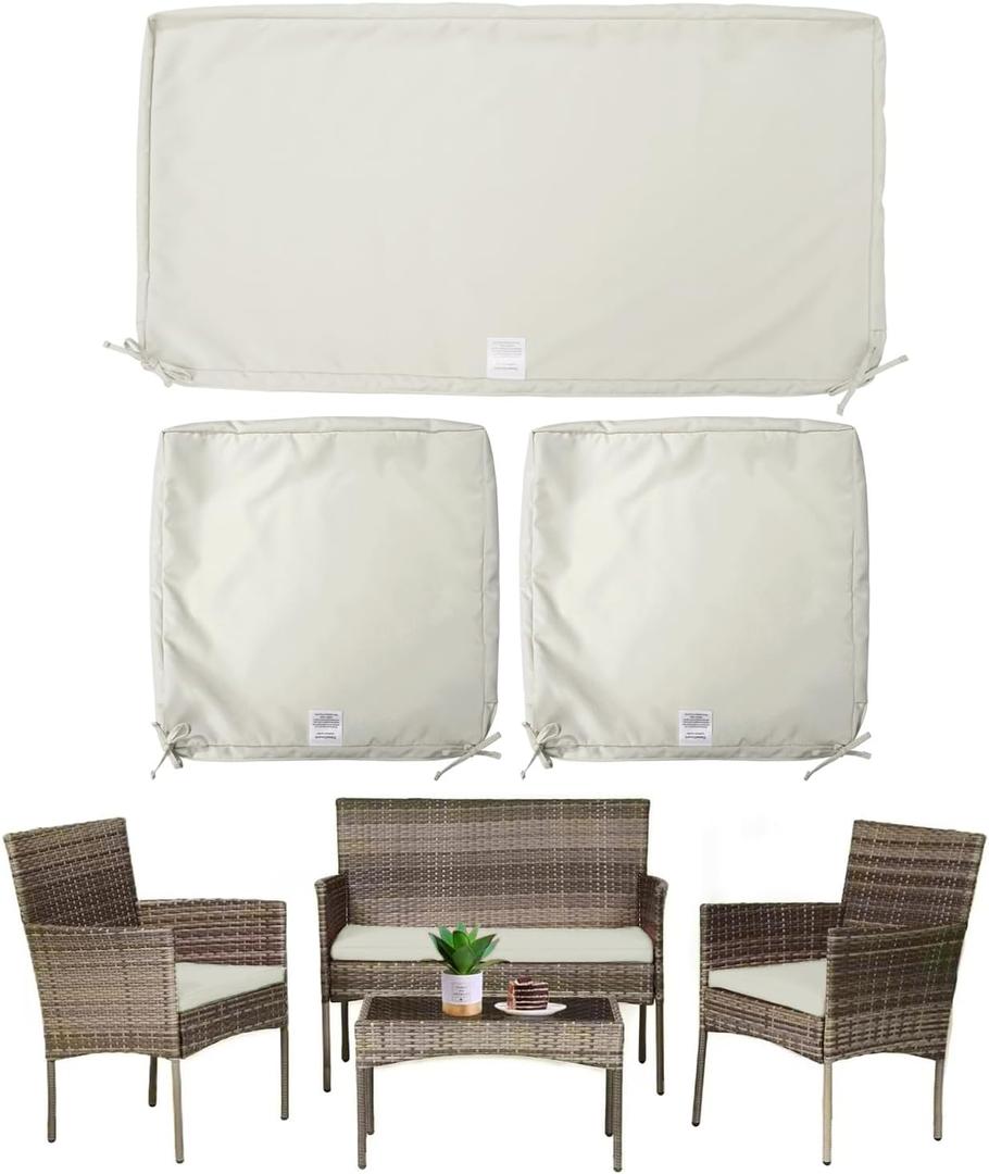 ClawsCover 3Pack Outdoor Seat Cushions Replacement Covers Fit for 4 Pieces Wicker Rattan Patio Furniture Conversation Set Chair Loveseat, 36"x18"x2", 18"x18"x2", Cream-Small (Include Cover Only)