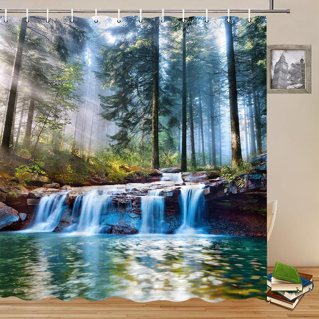 Waterfalls Shower Curtains Outdoor Natural Scenery Forest Sunshine Tree Plant Landscape Courtyard Bathroom Decor Polyester Fabric Curtain Set 70 x 70 Inch with Hooks (Green Grey White)