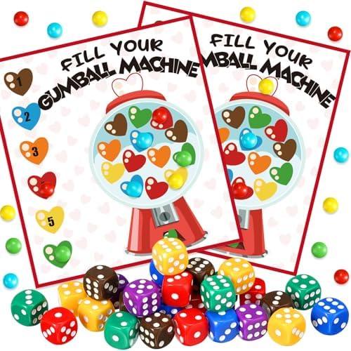 Wettarn 30 Sets Valentine‘s Day Games Kits Game for Family Classroom Valentine Activity Galentine Games with 30 Game Themed Cards 30 Rainbow Game Dice (Fill Your Gumball Machine)