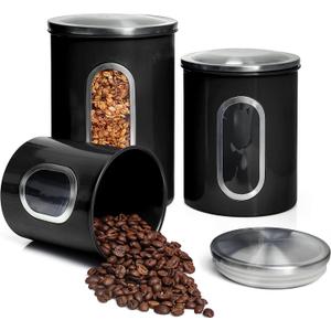 Mixpresso 3-Piece Black Canisters Sets For The Kitchen, Airtight Canister Set With See Through Window, Storage Jars for Coffee Container, Tea Organizer & Sugar Canister, Black Kitchen Canisters