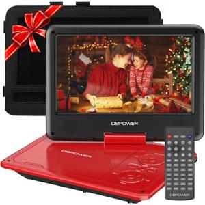 DBPOWER 11.5" Portable DVD Player, 5-Hour Built-in Rechargeable Battery, 9" Swivel Screen, Support CD/DVD/SD Card/USB, Remote Control, 1.8 Meter Car Charger, Power Adaptor and Car Headrest (Red)