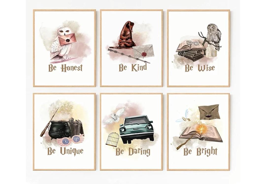 Magical Girls Room Wall Art Decor,Watercolor Magic Book Owl Letter Wall Art Prints,Motivational Saying Be Kind&Be Honest Posters for Baby Kids Room Decor Home Decoration,Set of
