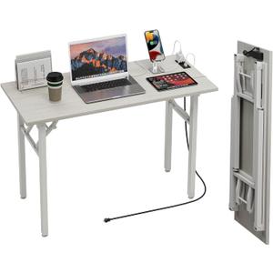 TEMI Small Computer Desk Folding Table - No Assembly, Compact 43.3" Foldable Desk with Power Outlets & USB Charging Port, Portable Small Office Desk, Ideal Mini Study Table for Narrow Spaces,White Ash