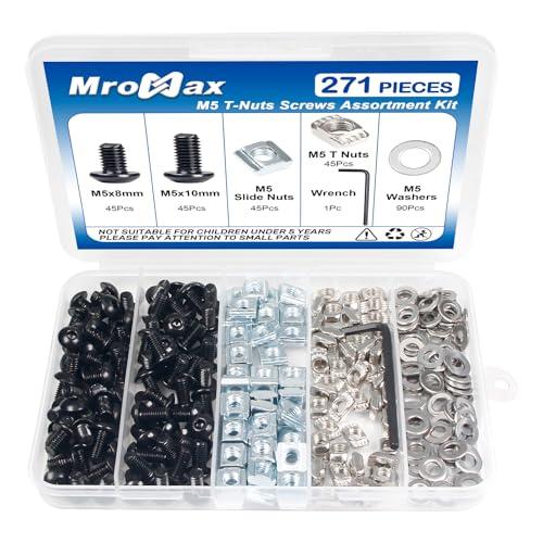 271Pcs M5 T-Nuts Screws Kit, Hammer Head T Slot Nut for 8020 2040 2020 V Slot Aluminum Extrusion Profiles, Sliding & Drop-in T-Nuts, Black M5x8 & 10mm Stainless Steel Screws and Washers, Hex Wrench