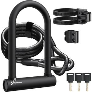Sportneer Bike U Lock - 18mm Shackle Heavy Duty Bike Lock with 6ft Security Cable - Bicycle U-Locks with Sturdy Mounting Bracket for Road, Mountain, Electric and Folding Bike, Size 9.85''x6.3''