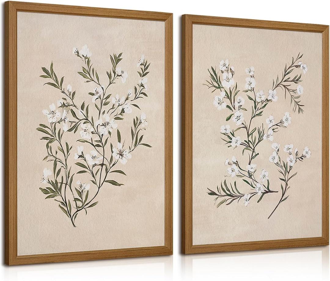 Vintage Botanical Wall Art Neutral Floral Prints Farmhouse Flower Canvas Wall Decor Watercolor Wildflower Pictures Nature Minimalist Artwork for Living Room Bedroom 12x16 Inch Wood Framed Set of 2