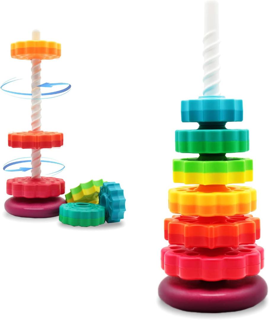 Educational Spinning Stacking Toys, Rainbow Stacking Rings Baby Toy, Montessori Sensory Learning Toy for Girls and Boys Toddlers Toys for 1-3 Year Old (Large Size Spinning Toys)