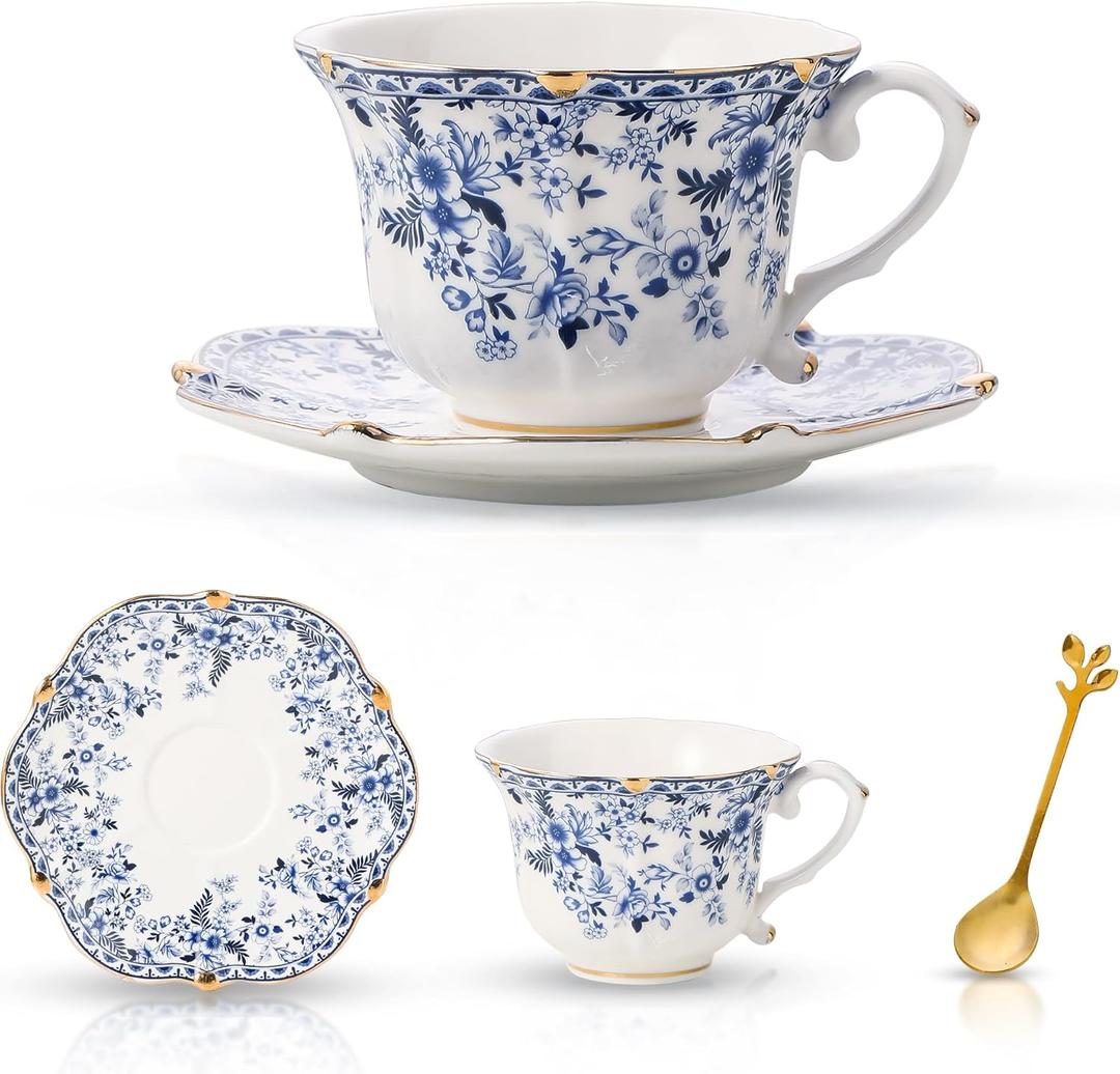 TATSUMI Country Roses Bone China Tea Cup and Saucer Set, 3 Pieces, Vintage Style, For Women and Tea Parties (QH,1 Set) (Blue)