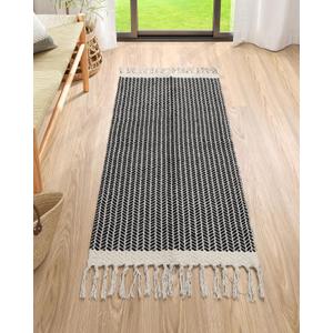 Lahome Boho Kitchen Runner, 2x4.3 Bathroom Runner Rugs Lightweight Entryway Rug Woven Cotton Throw Mat with Tassels, Farmhouse Non Shedding Washable Black Rug Low Pile Runners for Bedroom Doorway