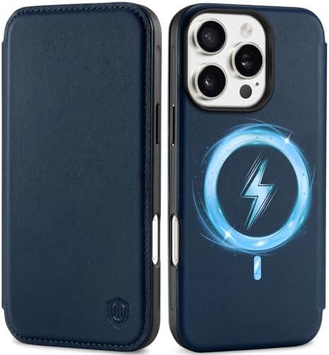 SHIELDON Wallet Case for iPhone 16 Pro 5G 2024, Genuine Leather Slim Wireless Charging Folio Magnetic RFID Blocking Card Holder Shockproof Cover Compatible with iPhone 16 Pro 6.3" - Nappa Navy Blue