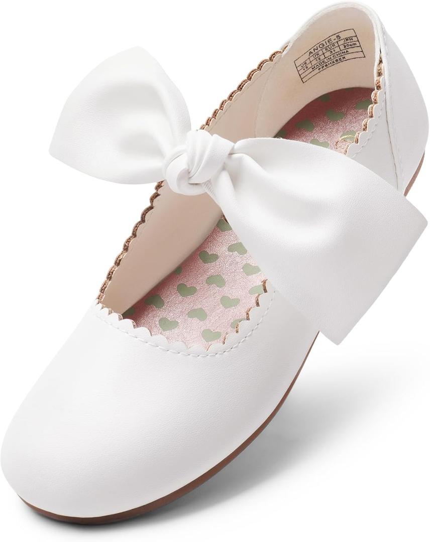 Dream Pairs Girls Ballerina Flats Mary Jane Front Bow Dress Shoes (4 Big Kid, White)