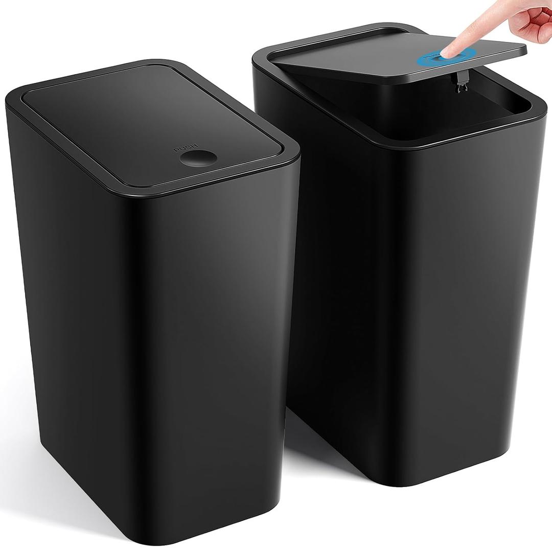 Bathroom Trash Can with Lid, 2 Packs, 4 Gallons/15 Liters Garbage Can with Pop-Up Lid, Small Plastic Trash Can, Slim Trash Bin Waste Basket for Bathroom, Bedroom, Office, Living Room (Black)