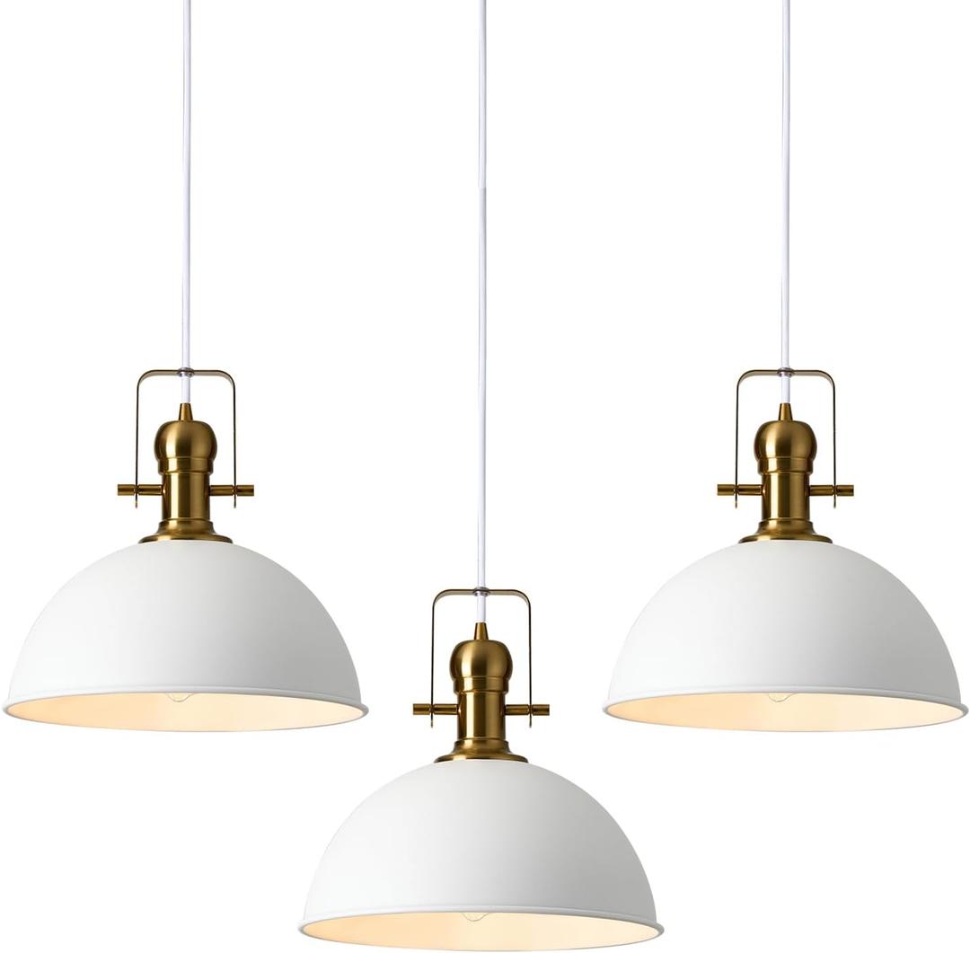 12 Inch Sandy White Farmhouse Pendant Lights for Kitchen Island Industrial Adjustable Height Vintage Dome Hanging Light Fixtures for Barn,Dining Room 3 Packs