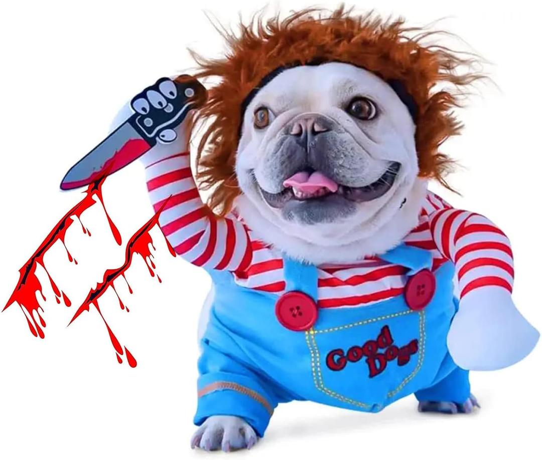 Pet Deadly Doll Dog Costume, Novelty Halloween Christmas Costumes Funny Dog Cosplay Outfits Cute Clothes for Small Medium Large Dogs Cats Party Dress Up Cool Puppy Costumes Scary Spooky Apparel Blue