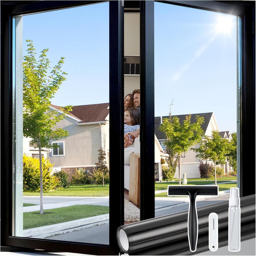 rabbitgoo One Way Window Privacy Film Tint with 3 Tools for Home, Sun Heat UV Blocking Control Reflective Adhesive Mirror Tint See Out Not in Office Door Covering, Black Silver, 23.6 x 78.7 inches