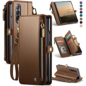 Defencase Wallet Case Compatible with Samsung Galaxy Z Fold 3 with RFID Blocking Card Holder & S Pen Holder Slot PU Leather Magnetic Snap Flip Zipper Strap Phone Case Fit for Galaxy Z Fold 3, Brown