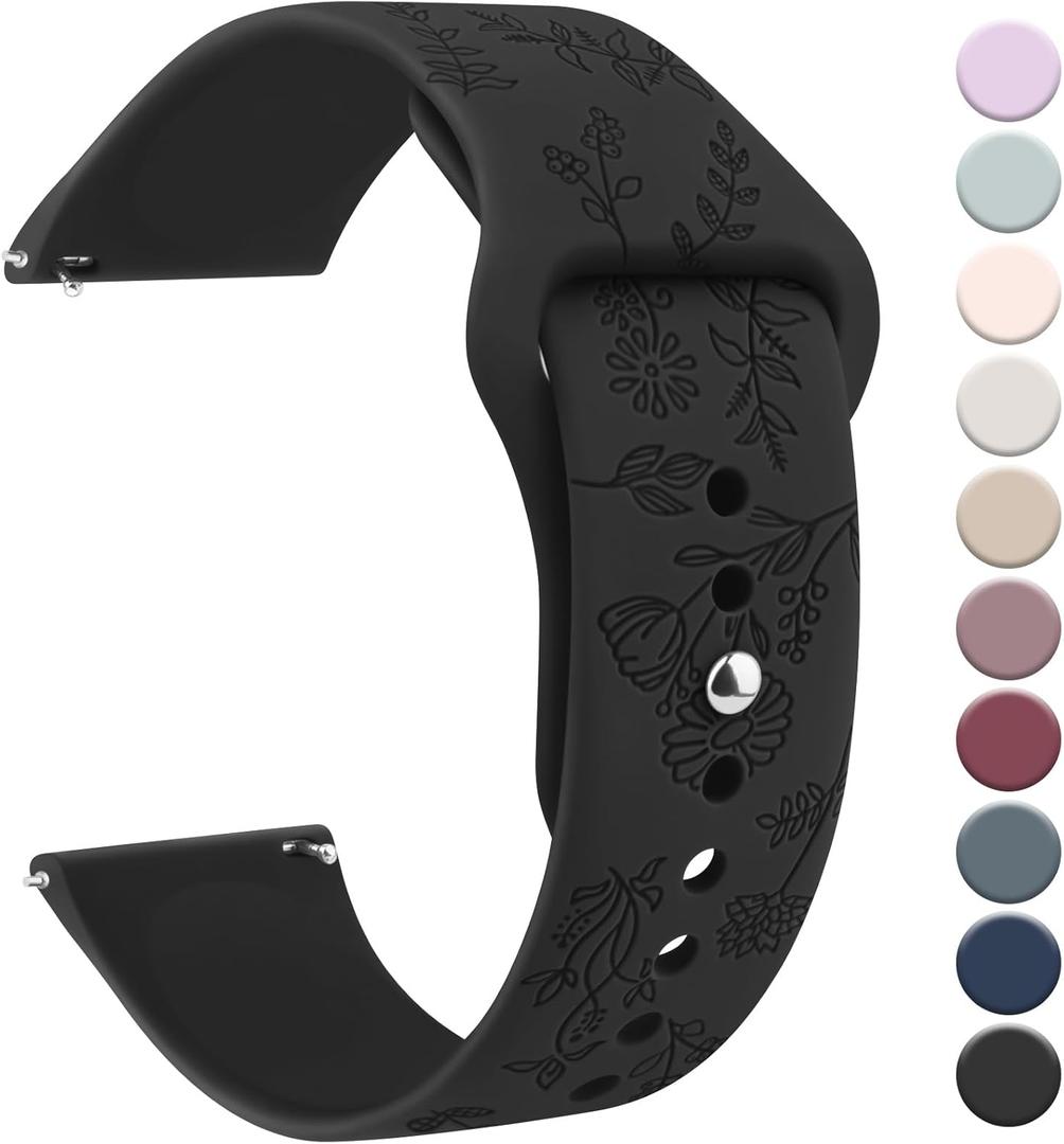 Meliya 20mm 22mm Flower Engraved Watch Bands Quick Release Replacement Wristband, Soft Silicone Bands Waterproof Sport Replacement Straps for Women Men (Black)