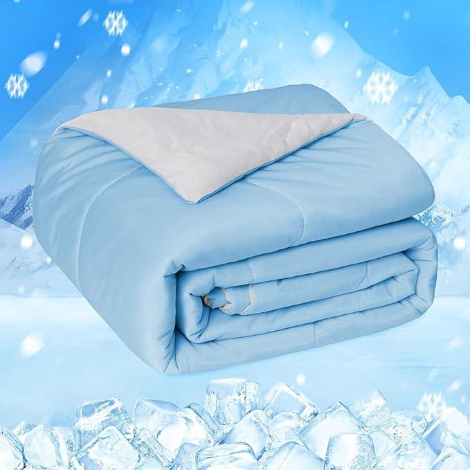 HOMFINE Cooling Comforter Japanese Double-Sided Cold Tech Fabric Cooling Blanket for Night Sweats Hot Sleepers, Q-Max 0.45 Soft Breathable Silky Smooth Lightweight, Blue Summer Comforter Queen