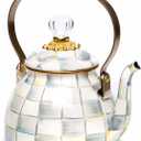 MACKENZIE-CHILDS Enamel Tea Kettle, Stylish Tea Kettle for Stovetop, Grey-and-White Sterling Check, 2 Quarts