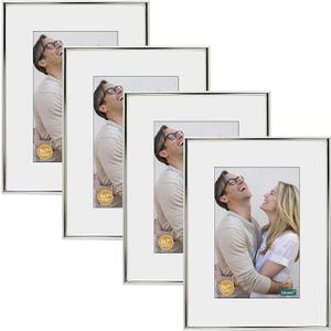 DECANIT 8x10 Picture Frame Set - Silver Metal Thin Frames for Wall or Tabletop Display of 5x7 Photos with Mat or 8x10 Without Mat - Gallery Wall Kit- 4Pack
