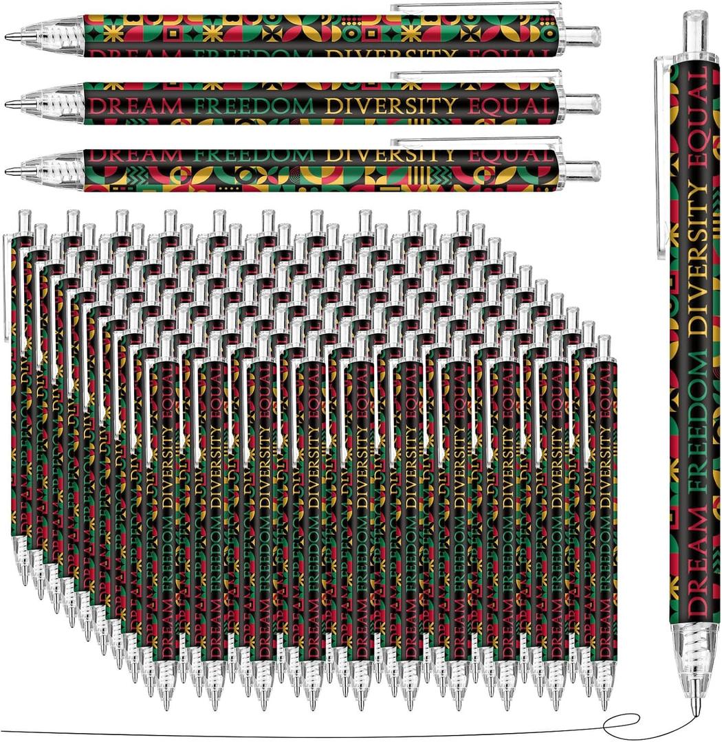 100 Pcs Inspirational Juneteenth Day Ballpoint Pens Bulk Geometric Dream Freedom Diversity Equal Pens African American Independence 1865 Party Supplies Prizes for Student Teacher Office School