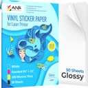 Printable Vinyl Sticker Paper for Laser Printer - Glossy White - 50 Self-Adhesive Sheets - Waterproof Decal Paper - Standard Letter Size 8.5"x11"
