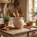 Qinyoung Rustic Kitchen Utensil Holder 6 Inch Small Ceramic Utensil Holder with Handle Vintage Crock Decoration Spatula Organizer for Kitchen Countertop Farmhouse Party Supplies(White,Elegant)