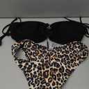 ZAFUL Women's Bandeau Tie Spaghetti Strap Bikini Textured O Ring Ruched High Leg Swimsuit Cheeky Bathing Suits, Leopard, Small