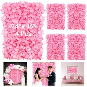 4 Pack 24"x16" Flower Wall Panel Set, Artificial Flower Backdrop, 3D Silk Pink Hydrangea Floral, Wall Decorative Faux Flower for Photo Centerpieces, Home Party Wedding Decoration
