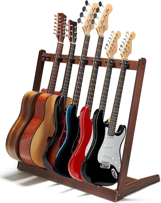 Multiple Guitar Stand, Black Walnut Wood Multi Guitar Rack for 5 Acoustic, 7 Electric or 7 Bass, Hardwood Instrument Racks for Men, Wooden Floor Acoustic Stand for Home Decor, Studio Display