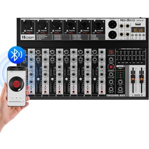 Professional Audio Mixer,6 Channel Audio Interface Sound Board Mixing Console System with Monitor,16 DSP DJ Bluetooth Mixer Reverb Effect +48V Phantom For Karaoke Studio Streaming Recording