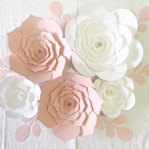 3D Party Paper Decoration Need Assembled Artificial Flower With Leaves Wall Decor (White Pink Set) for Wedding, Bridal Shower, Nursery, Baby Shower Backdrop