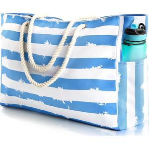 SRISE Large Beach Bag for Women & Men, Beach Bags Waterproof Sandproof, Travel Tote Bag, Swim Pool Bag for Family Outdoor (Blue White)