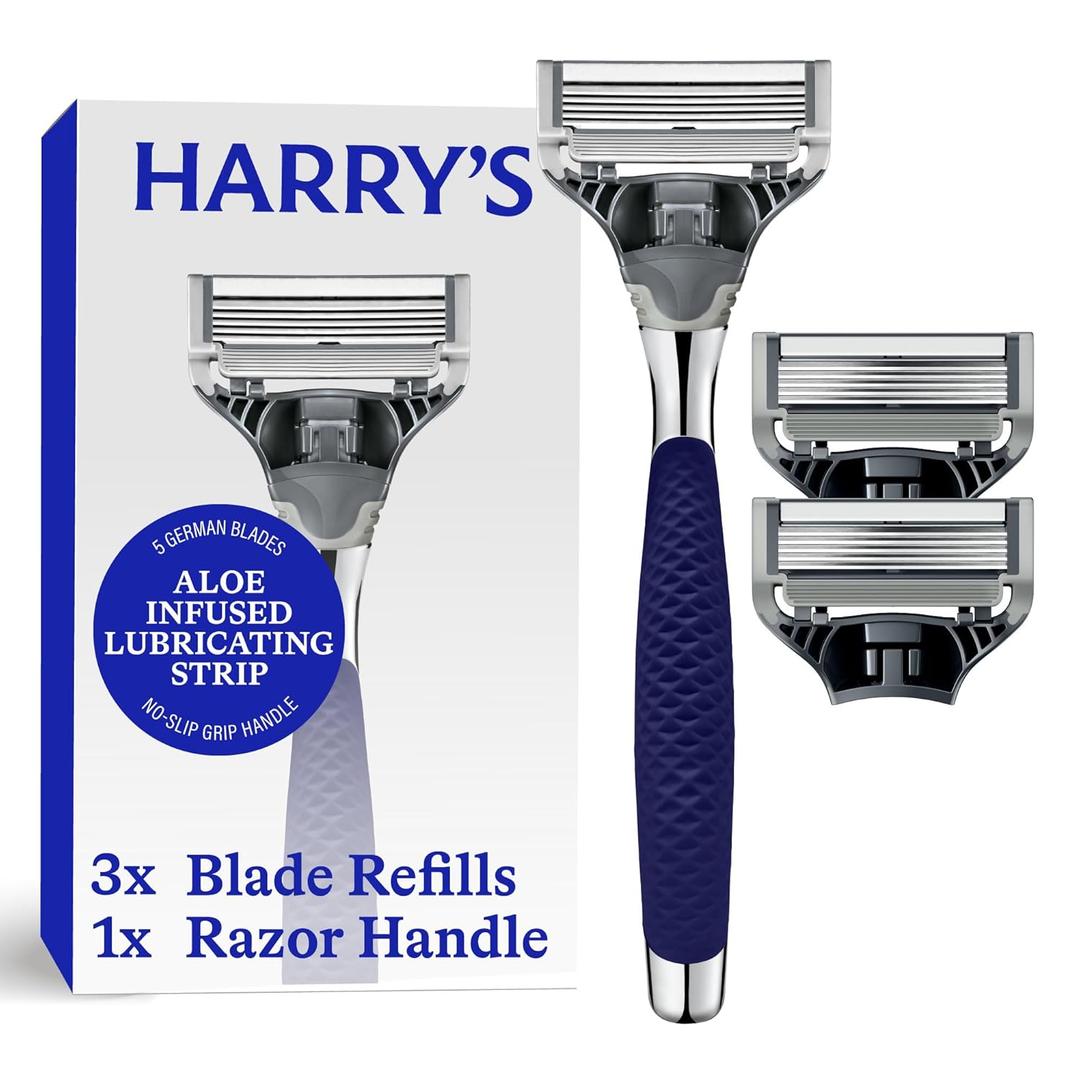 Harry's Original Shaving Kit for Men - Razor Handle and 3 Razor Blade Refill Cartridges - German Engineered - Chrome Edition (Navy)