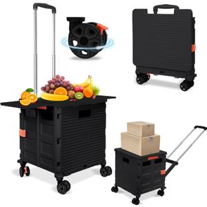 FELICON SELORSS Folding Utility Cart Rolling Crate Tote Basket Box Storage Handcart on 4 Swivel Wheels with Adjustable Handle Extended Magnetic Lid for Teacher Move Shop Travel Grocery Office(Black)