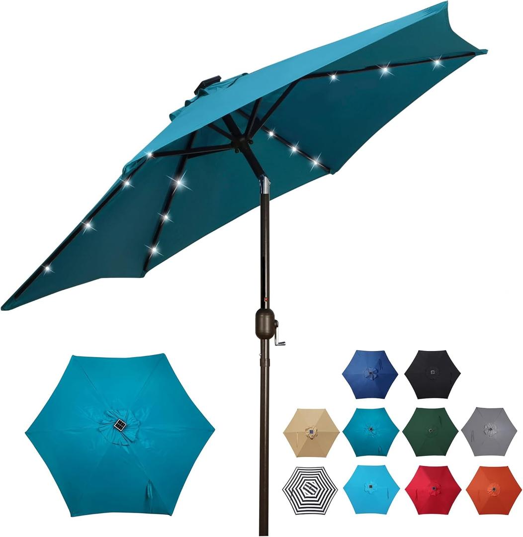 Blissun 7.5 ft Solar Umbrella, 18 LED Lighted Patio Umbrella, Table Market Umbrella, (Cerulean)
