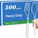 SACATR 500 Count Plastic Silverware Heavy Duty -250 Forks, 250 SpoonsBPA-Free,Heat Resistant Disposable Plastic Spoons Bulk, Solid Durable Premium Cutlery for Parties, Events and Everyday Use