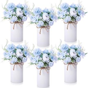 Domensi 6 Sets Wedding Centerpiece for Table Decoration Light Blue Artificial Fake Rose Flower with Metal Vase Faux Silk Rose Bouquet Floral Arrangement for Bridal Shower Home Dining