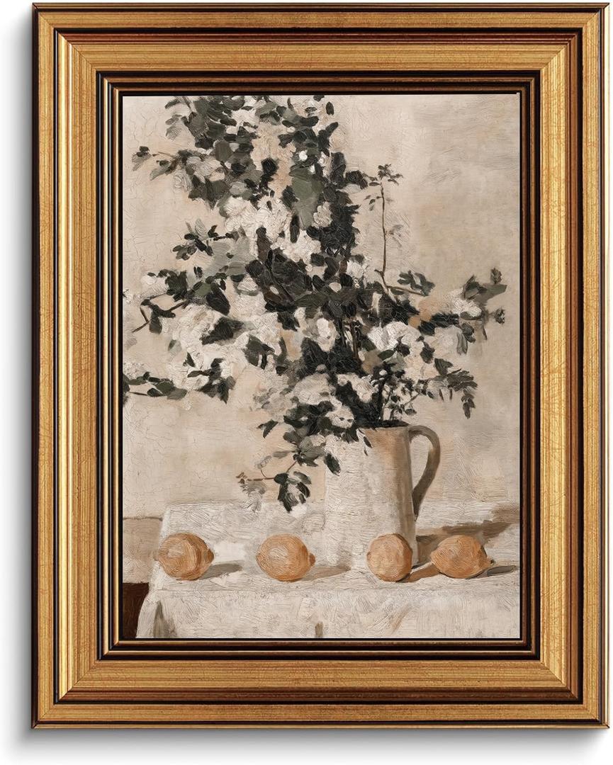 Gold Framed Wall Art Vintage Lemon and Floral Canvas Art Farmhouse Picture Wall Decor Antique Prints Rustic Kitchen Paintings Country Artwork for Bedroom Bathroom Living Room 8x10 Inch
