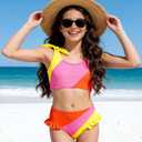 Toddler Girls Swimsuit Color Block Swimwear Kids Two Piece Bathing Suits Bowknot Beach Bikini Set, 7-8Y